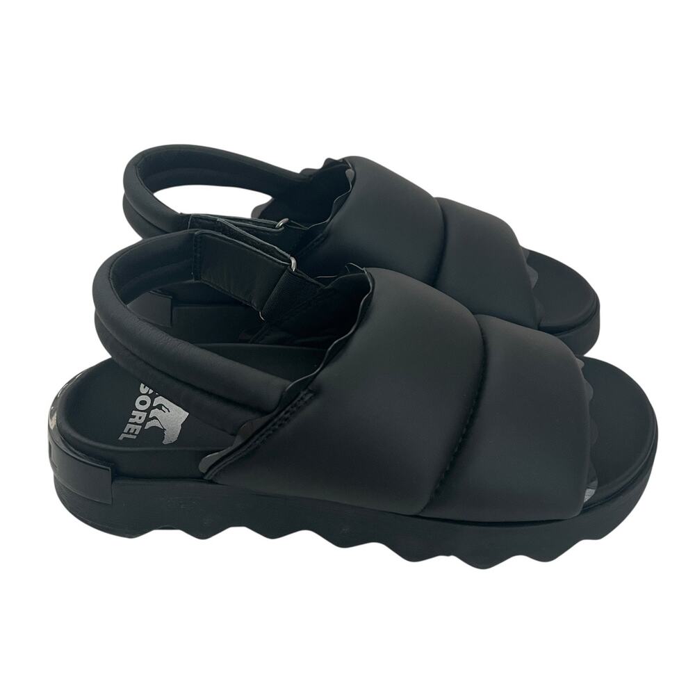 Sorel Viibe Slingback Flat Puffy Black Leather Sandals Size 11 - Picture 2 of 10